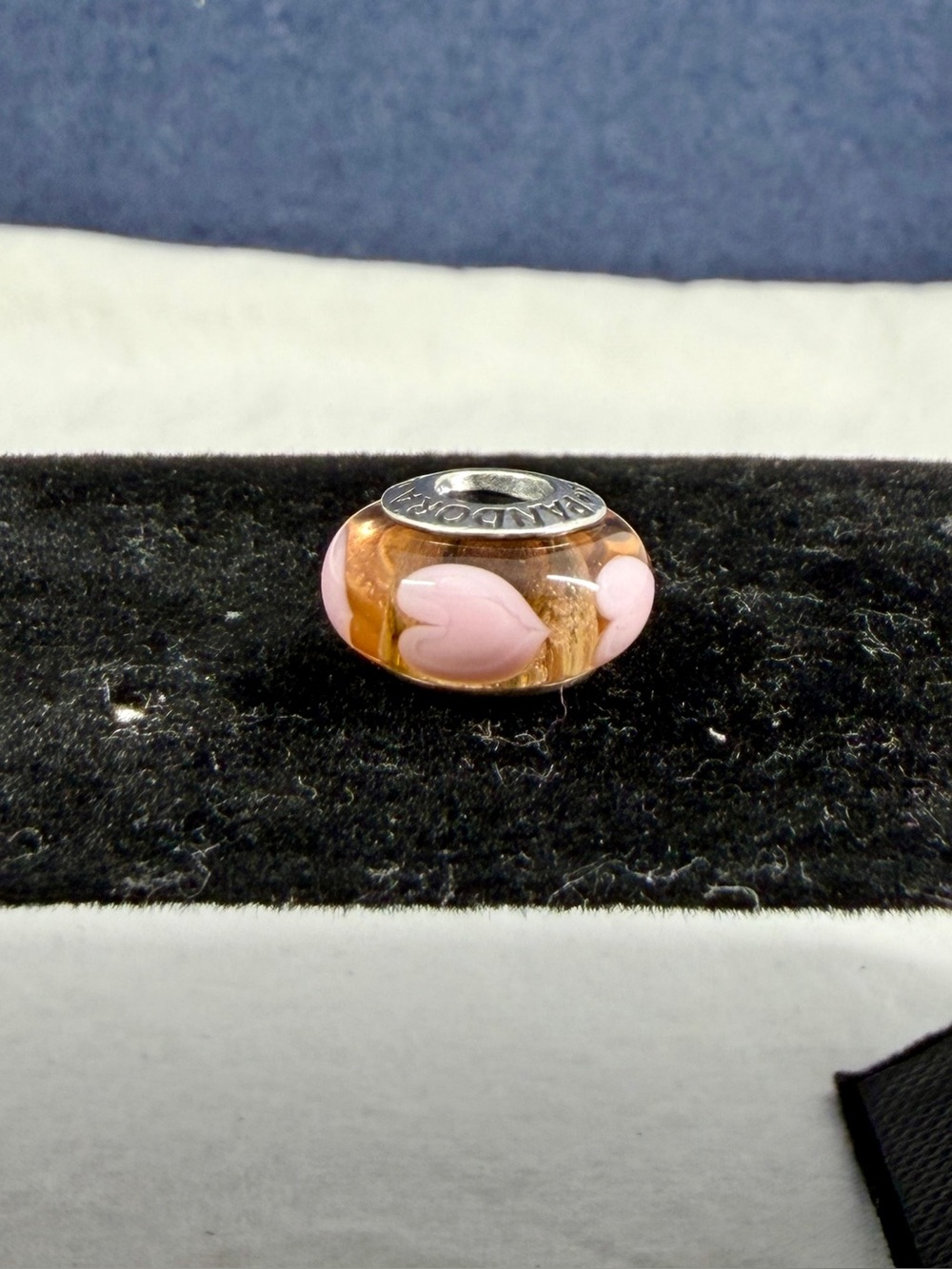 PANDORA Sterling Silver “Pink Love Hearts" Murano Glass Charm ALE 925; RETIRED